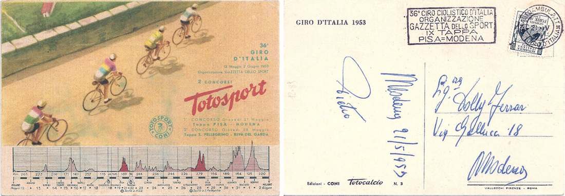 The front and back of a postcard from the 1953 edition of the Giro d'Italia.
