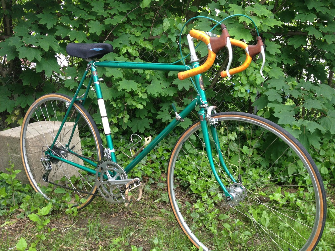 This is an image of a green bicycle with orange detailing.